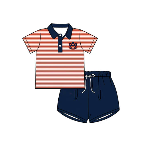 6.21 Custom Moq 3 Baby Boys Short Sleeves Red Stripe AU Button Top Navy Shorts Team Set