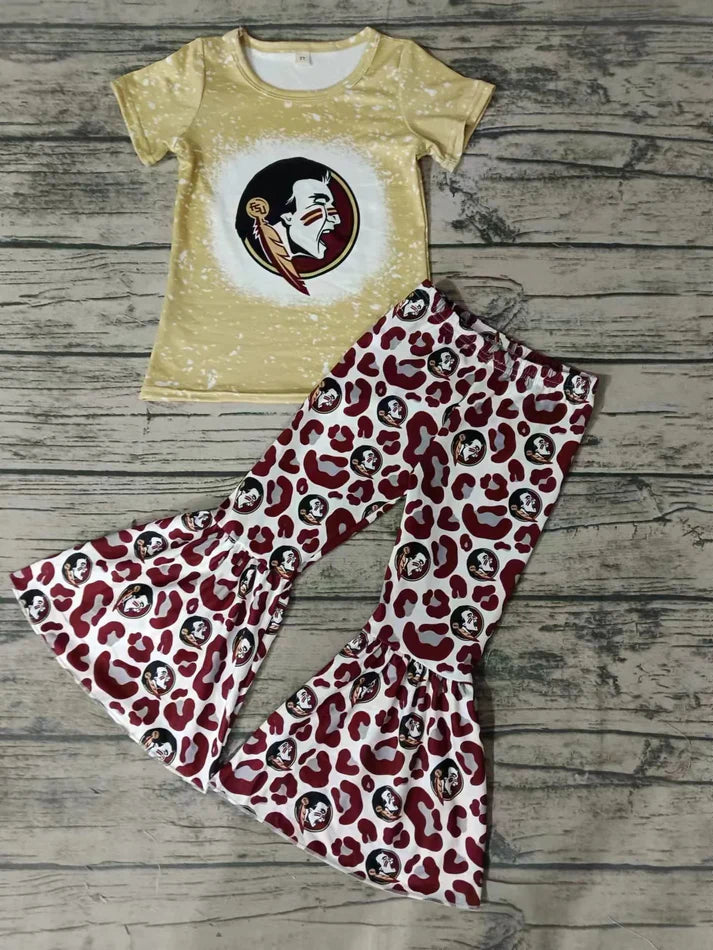 8.21  Custom MOQ 5 Baby Girls Gold Team Short Sleeve Tee Shirt Leopard Bell Pants Clothes Sets