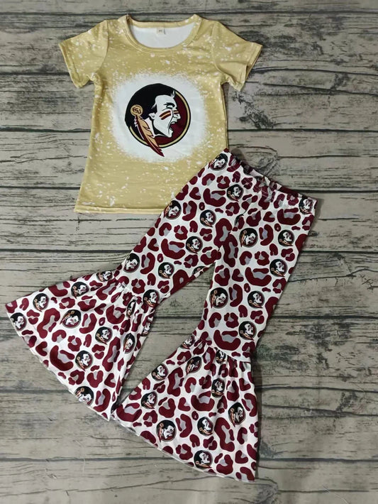8.21 Custom MOQ 5 Baby Girls Gold Team Short Sleeve Tee Shirt Leopard Bell Pants Clothes Sets