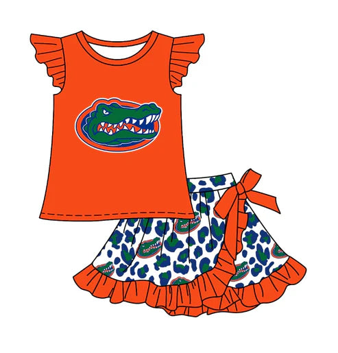 7.4 Custom Moq 3 Baby Girls Crocodile Team Top Ruffle Leopard Skort Shorts Clothes Sets