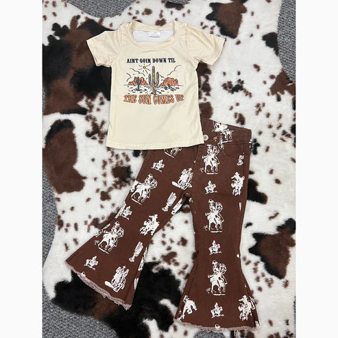 5.15  GT0160+P0076 Baby Girls Western Cactus Shirt Bell Denim Pants Clothes Set