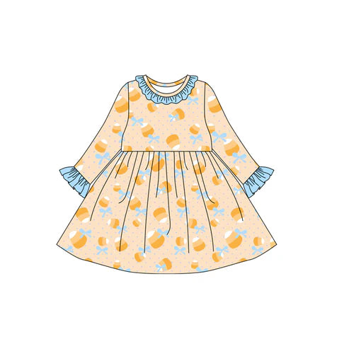 7.26 GLD1223 Baby Girls Long Ruffle Sleeves Bows Candy Plaid Knee Length Dresses Preorder