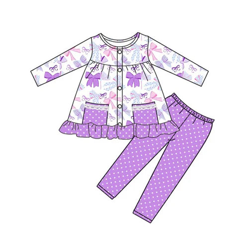 8.22 GLP2722 Baby Girls Purple Bows Plaid Pockets Button Tunic Polka Dots Legging Set Preorder
