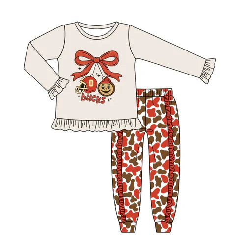 8.8   Custom Moq 5 Baby Girls Ohio Bows Leopard Team Top Pants Clothes Sets