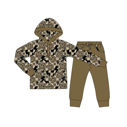 9.9 Custom Moq 5 Baby Boys Khaki Checked Lights Smiles Button Hoodie Pockets Jogger Clothes Sets