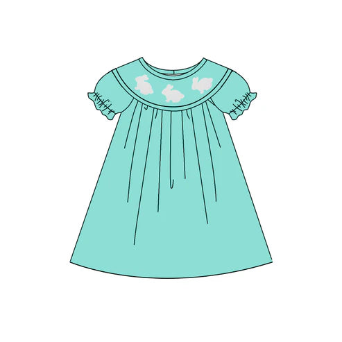10.24 GSD2923 Baby Girls Green Rabbits Easter Ruffle Sleeve Knee Length Dresses Preorder