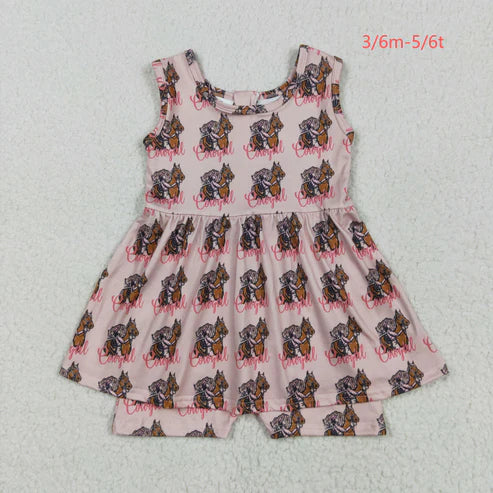 5.17 SR3072 Baby Girls Pink Sleeveless Horses Rodeos Cowgirl Skort Jumpsuit