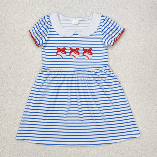 L-3.3 .GSD1436 Baby Girls Blue Stripes Baseball Bows Knee Length Dress