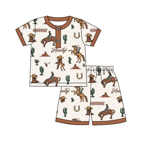 3.25 BSSO1450 Baby Boys Short Sleeves Button Horse Rodeo Cactus Top Short Pajamas Set Preorder