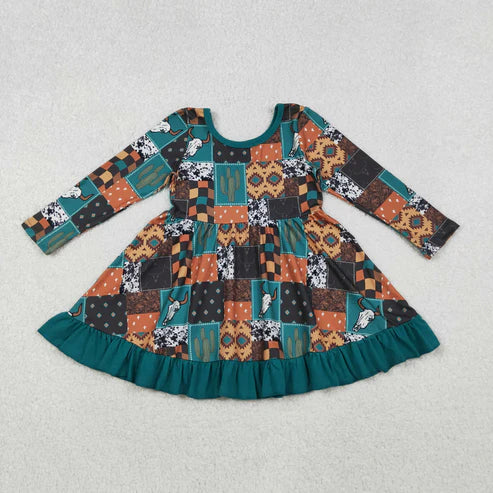 10.17 GLD0837 Baby Girls Western Cows Aztec Ruffle Knee Length Dress
