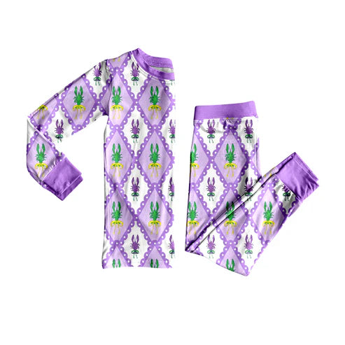 9.19 GLP2845 Baby Girls Mardi Gras Crayfishes Checked Top Pants Pajamas Sets Preorder