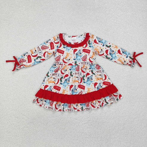 GLD0802 Baby Girls Dogs Christmas Tree Cake Ruffle Knee Length Dress