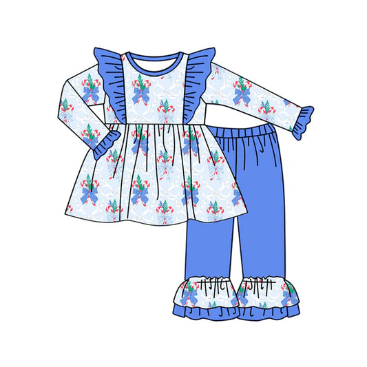 6.16 GLP2378 Baby Girls Blue Long Sleeves Bows Candy Cane Tunic Ruffle Pants Set Preorder