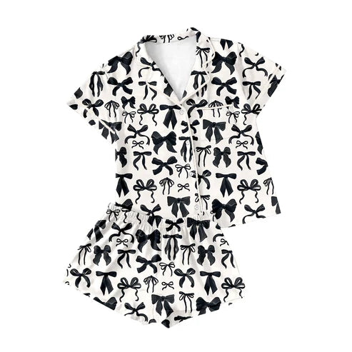 6.5 GSSO2664 Adult Women Short Sleeves Black Bows Button Pocket Top Short Pajamas Sets Preorder