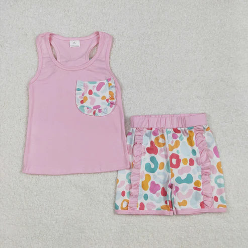 L-3.8 GSSO1981 Baby Girls Pink Pocket Bow Vest Ruffle Leopard Shorts Set