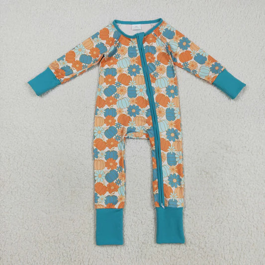 8.18 LR2461 Baby Boys Long Sleeves Colorful Pumpkins Flowers Zipper Pant Romper