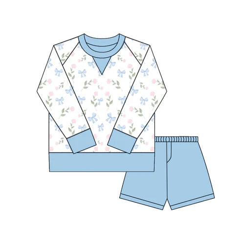 10.18 GLS0027 Baby Girls Blue Pink Bows Flowers Long Sleeve Top Shorts Yoga Clothes Sets Preorder
