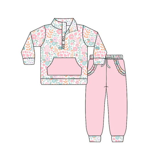 12.11 MOQ:5pcs GLP3279 pre-order toddler girl clothes pink floral print girl winter set
