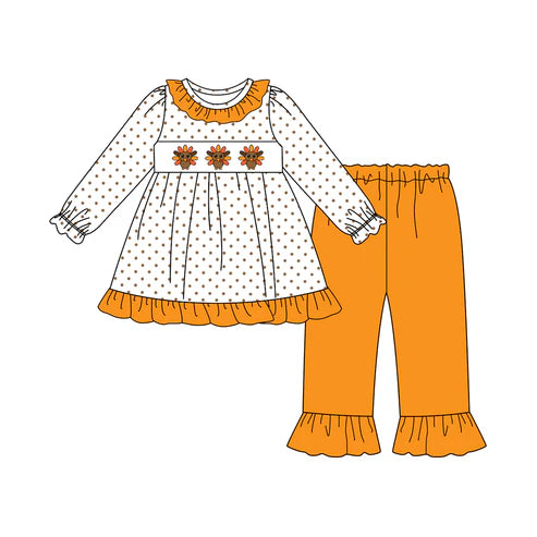 7.28 GLP2606 Baby Girls Long Ruffle Sleeves Turkey Polka Dots Tunic Pant Set Preorder