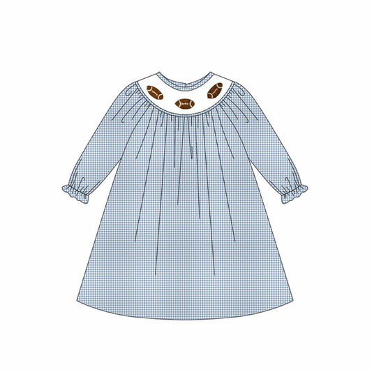 8.2 GLD1247 Baby Girls Blue Plaid Footballs Team Knee Length Dresses Preorder