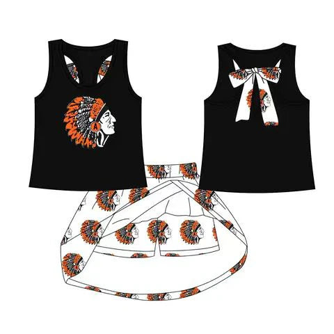8.19 Custom Moq 5 Baby Girls Black Orange India bow vest team Top Skirt Skort Sets
