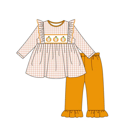 7.28 GLP2611 Baby Girls Long Sleeves Plaid Pumpkins Tunic Ruffle Pant Set Preorder