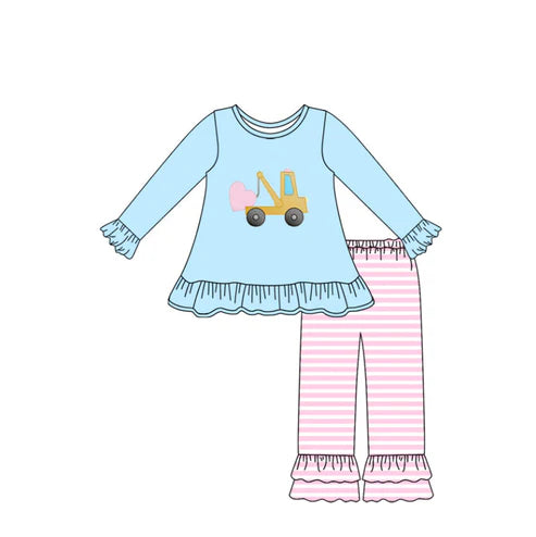 9.30 GLP2911 Baby Girls Hearts Excavator Tunic Stripe Ruffle Pants Valentine Clothes Sets Preorder