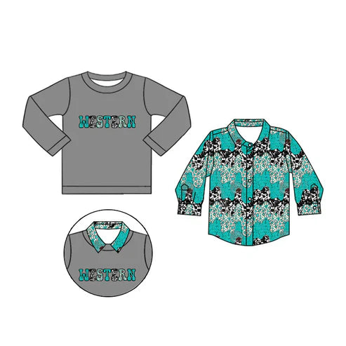 7.5 Custom Moq 3 Baby Boys Long Sleeves Cow Print Western 2 Piece Shirts Top