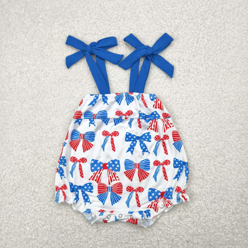 5.3 SR2902 Baby Infant Boys Blue Strap Red Bows Stars 4th Of July Romper