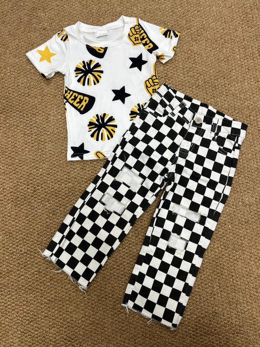 8.2 GT0939+P0122 Baby Kids Cheer Black Shirt Checkered Denim Pants Clothes Set