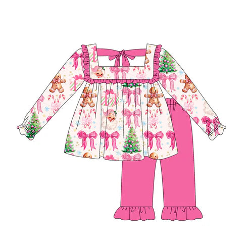 5.19 GLP2354 Baby Girls Long Sleeves Pink Santa Gingerbread Tunic Ruffle Pant Set Preorder