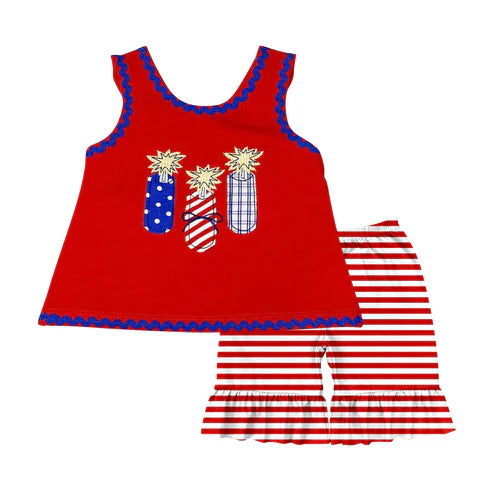 3.17 GSSO2330 Baby Girls Red Sleeveless Fireworks Tunic Stripe Ruffle Short 4th Of July Set Preorder