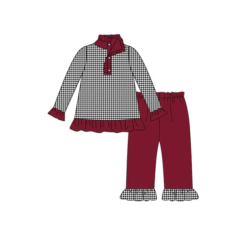 8.9 Custom Moq 5 Baby Girls Fall Football Team Black Checkered Pullover Top Wine Pants Clothing Sets