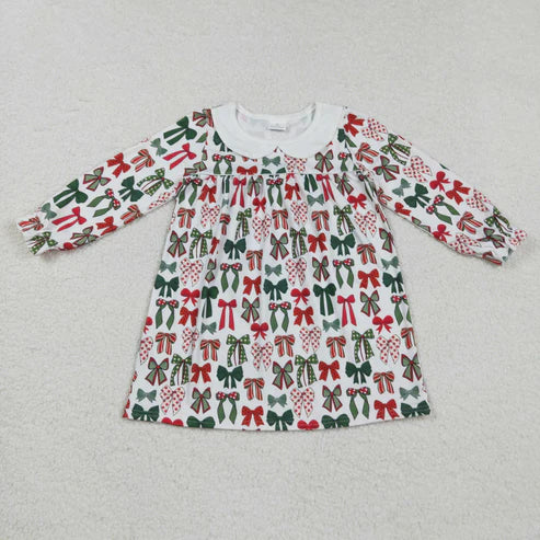 8.25 GLD1237 Baby Girls Long Ruffle Sleeves Green Red Bows Plaid Knee Length Dress
