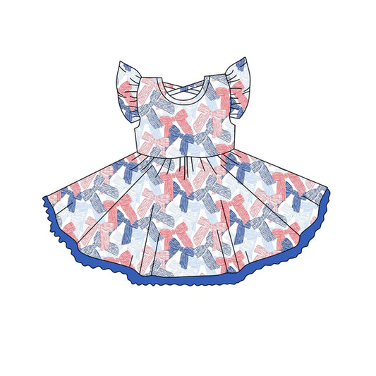 3.27 GSD2256 Baby Girls Flutter Sleeves 4th Of July Bow Blue Knee Length Dress Preorder