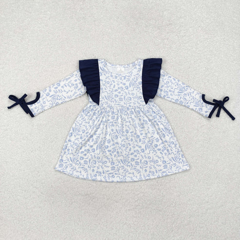 GLD0836 Baby Girls Blue Flowers Ruffle Knee Length Dress