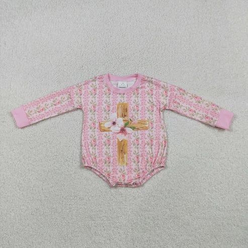 12.3 LR2837 Baby Girls Pink Flowers Stripe Cross Easter Romper