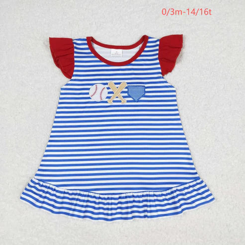 5.17 Sibling Baby Kids Blue Stripes Embroidery Baseball Short Sleeves Tee Shirts Top