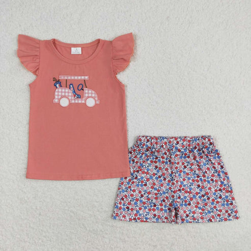 6.17 GSSO0669 Embroidered golf tour car pink flying sleeve floral floral shorts set