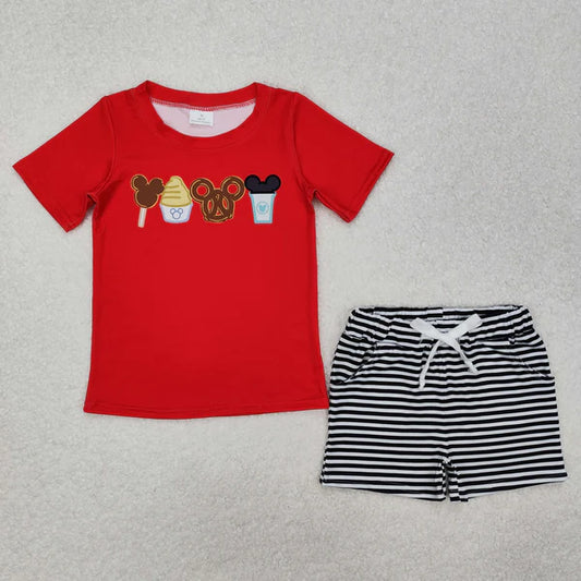 L-3.1 BSSO1110 Baby Boys Red Cartoon Snacks Tee Shirt Shorts Clothes Set