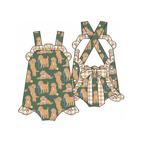 3.29 SR2986 Baby Infant Girls Green Strap Dogs Ruffle Rompers Preorder