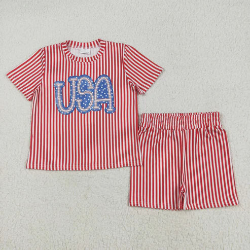 5.17 GSSO2577 Baby Girls Red Stripe USA Top Short 4th Of July Pajamas Set