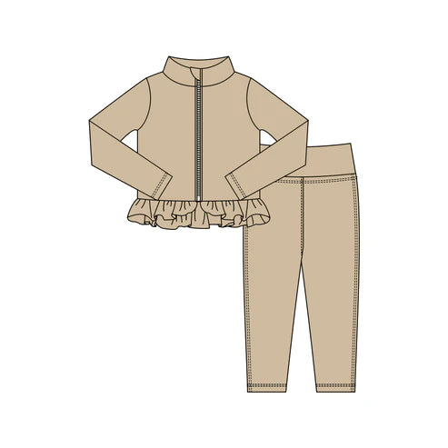 10.24 GLP3011 Baby Girls Khaki Zipper Jackets Ruffle Top Leggings Yoga Clothes Sets Preorder