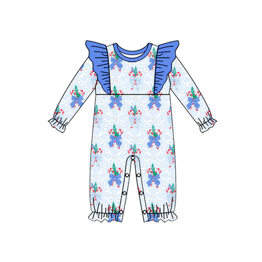 6.16LR2241 Baby Girls Blue Long Ruffle Sleeves Bows Candy Cane Rompers Preorder