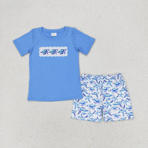 BSSO0916 Embroidered turtle blue short-sleeved shorts set