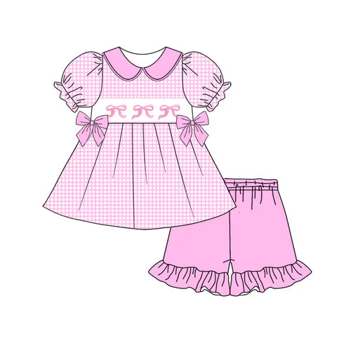 Baby Girls Pink Checkered Bows Tunic Ruffle Shorts Clothes Sets Preorder