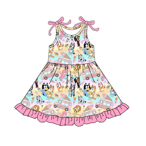 4.23 GSD2485 Baby Girls Pink Bows Sleeveless Cartoon Dogs Ice Cream Knee Length Dresses Preorder