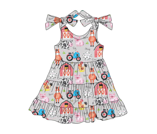 3.25 GSD2235 Baby Girls Gray Strap Trucks Houses Cows Farm Knee Length Dresses Preorder