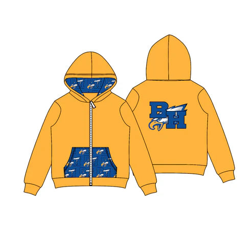 8.11 Custom Moq 5 Baby Boys Yellow BH Eagle Team Pocket Zipper Hoodies Tops