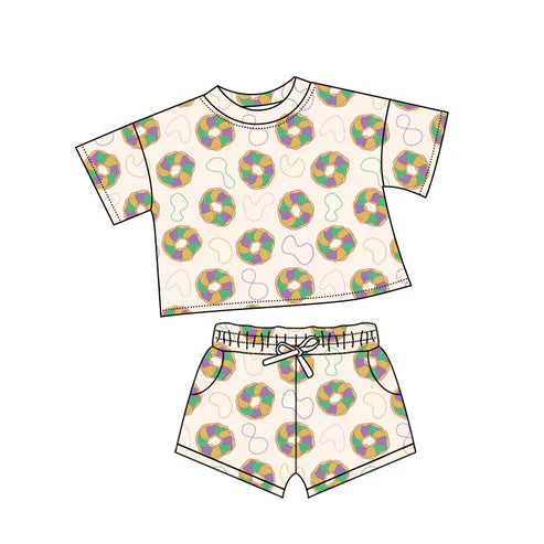 10.27 GSSO2762 Baby Girls Donuts Plaid Top Pockets Short Mardigras Clothes Sets Preorder
